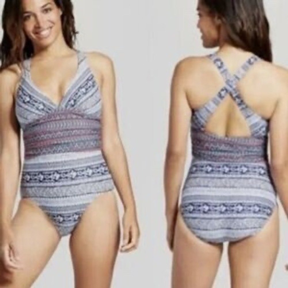 Merona‎ Boho Paisley One Piece Swimsuit Medium Y2K Criss Cross Back Retro